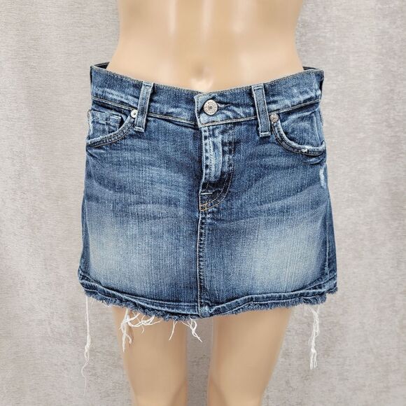 7FAM 7 For All Mankind Y2K Denim Blue Jean Mini Skirt Raw Distressed Hem - Picture 2 of 13
